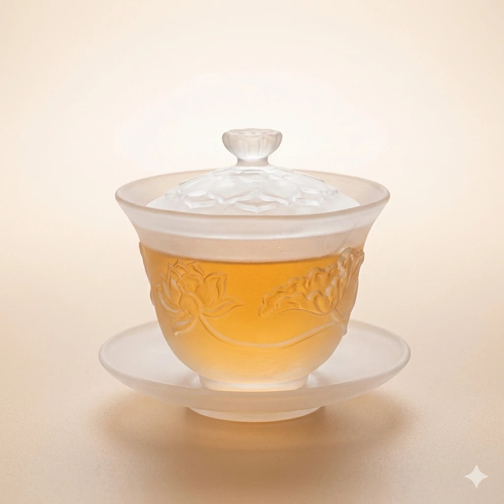 Teastart Moonlit Lotus Frosted Glass Gaiwan, 120ml handmade tea steeper with embossed lotus design.